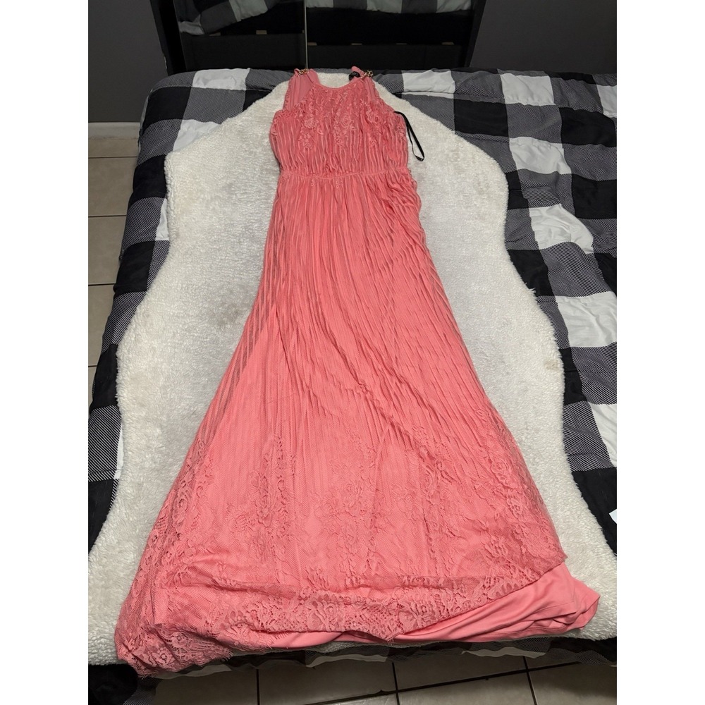 Guess Coral Pink Pleated Halter Maxi Dress Lace Bodice Gown Boho Size Medium NWT